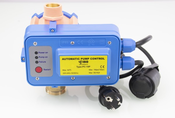 Pumpensteuerung, Druckregler SP-E/SP1 für TANO L und Monsun mit Manometer, Messinganschlussverschraubung (Oberteil) druckseitig, Kupplung und Stecker (230V) für den schnellen Austausch im Gerät. L
