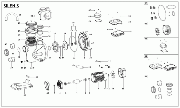 Explosionszeichnung für Espa-Pumpe Silen S, Typen Silen S 60 12M/T, Silen S 75 15M/T, Silen S 100 18M/T, Silen 150 22M/T 
