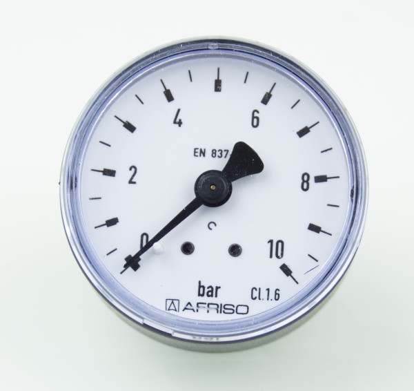 Manometer 0-10 bar, Durchmesser 50mm, Messinganschluss mittig, mit 1/4“ Außengewinde